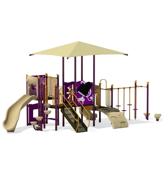 Colorful outdoor playset with shade canopy.